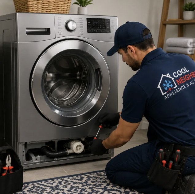 Technician repairing a washer